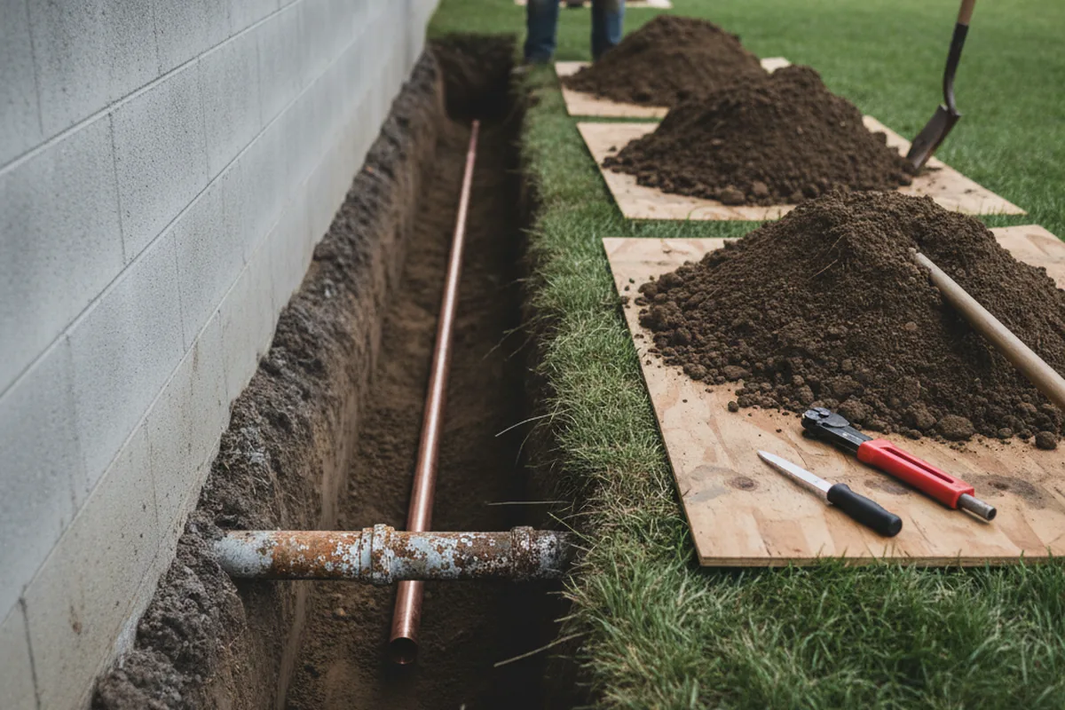 Excavated water line trench during Water Softener Installation in Gay